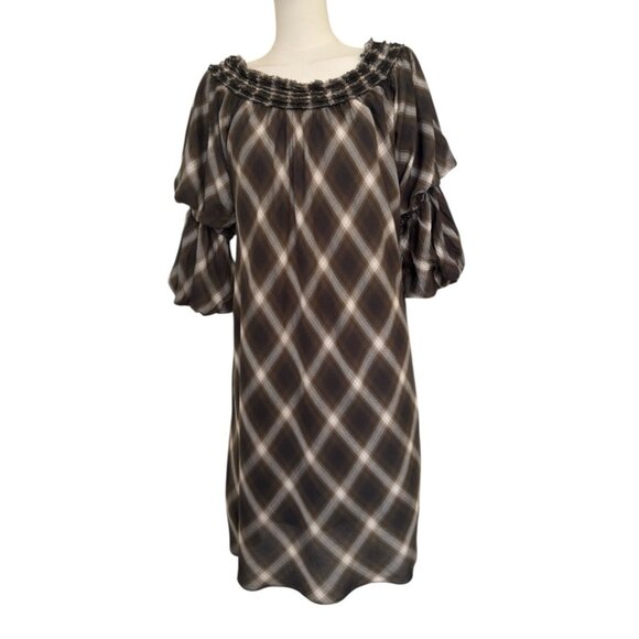 Max Studio Dresses & Skirts - Max Studio Plaid Off Shoulder Boho Bell Sleeve Lined Pullover Dress Women's Sz L